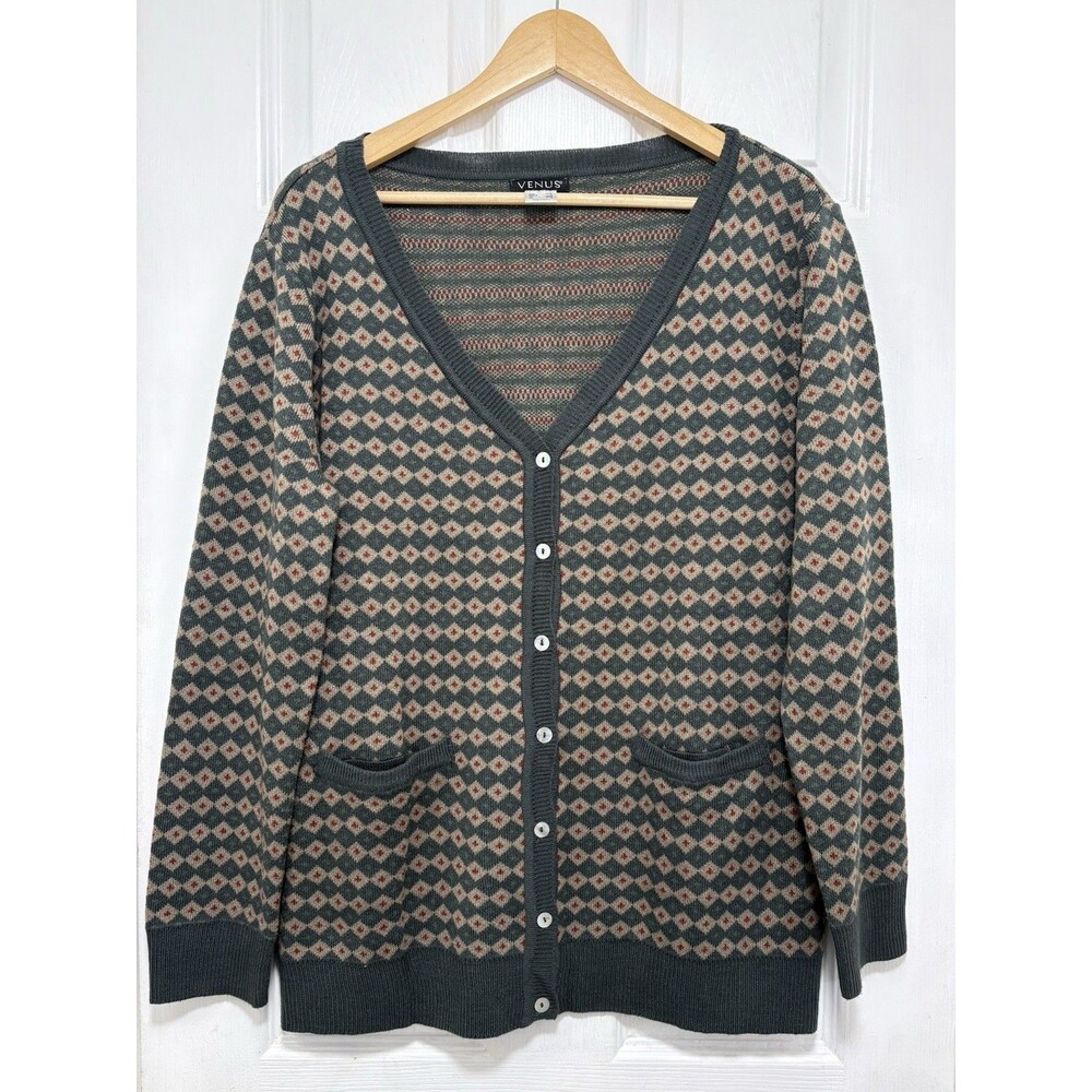 VENUS Women's Geometric Diamond Cardigan Sweater Cozy Fall Knit Button Up L